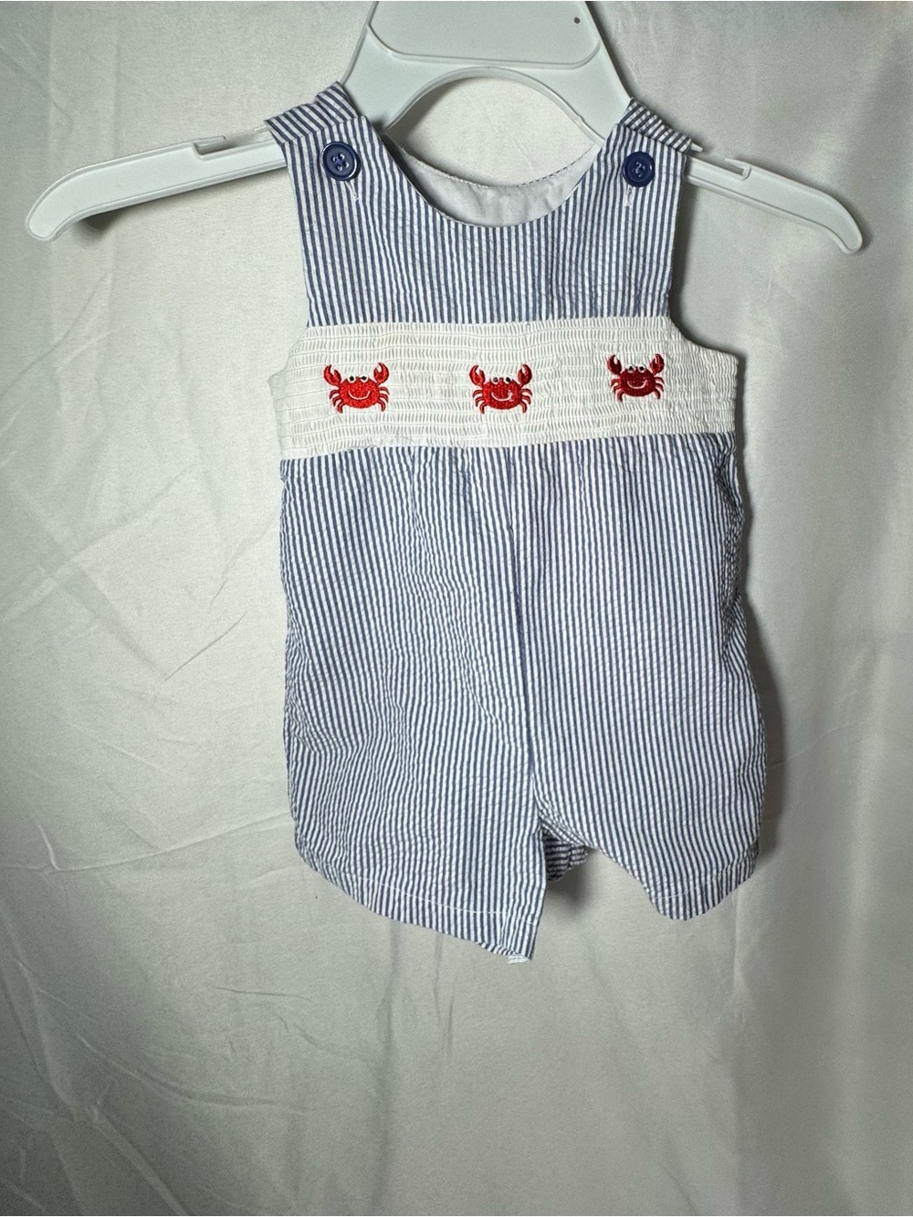 Nursery Rhyme Blue & White Striped Crab Smocked Romper